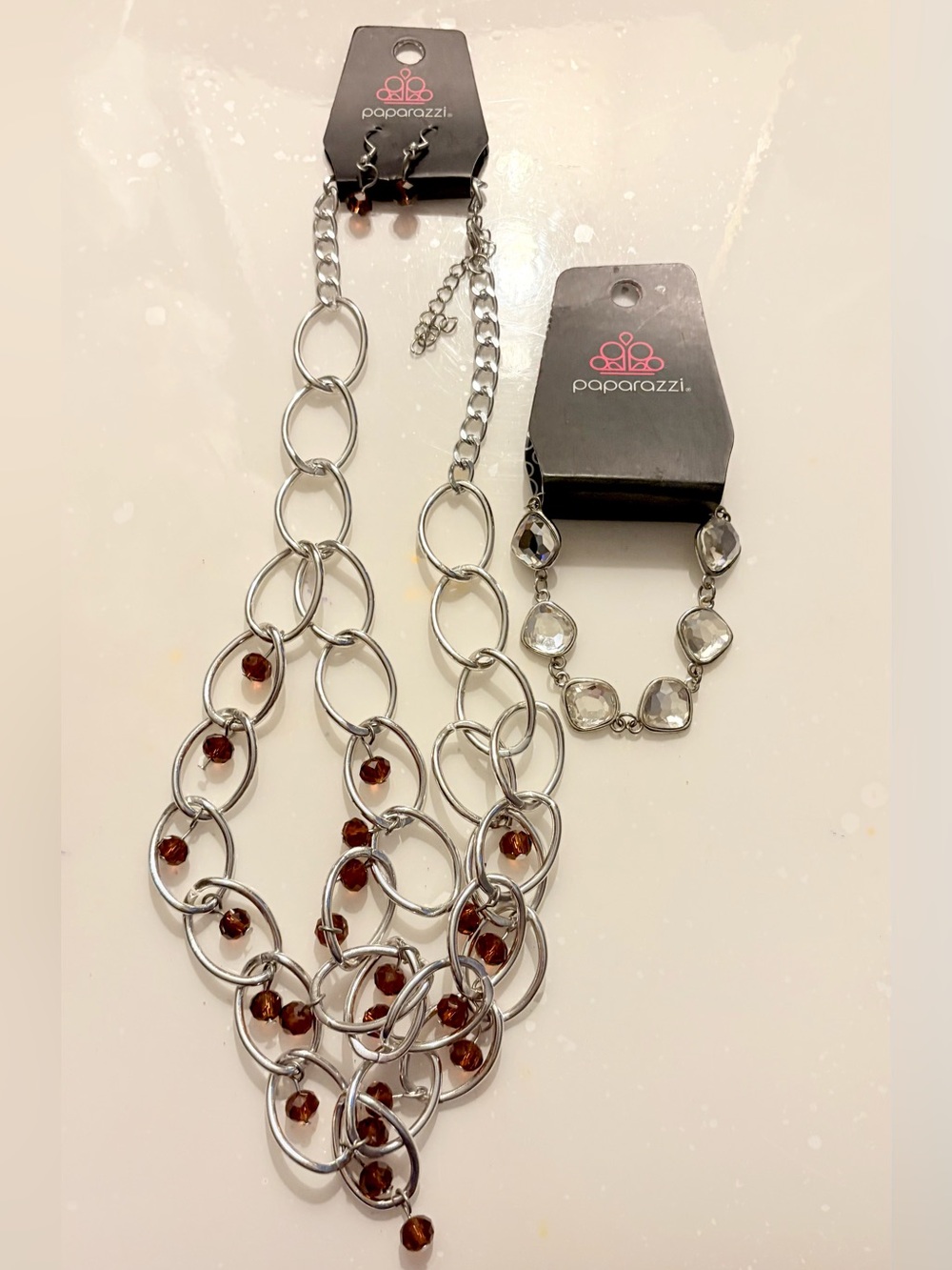 Paparazzi Silver Multi-Link Necklace with Amber Beads, Earrings & Bracelet Set